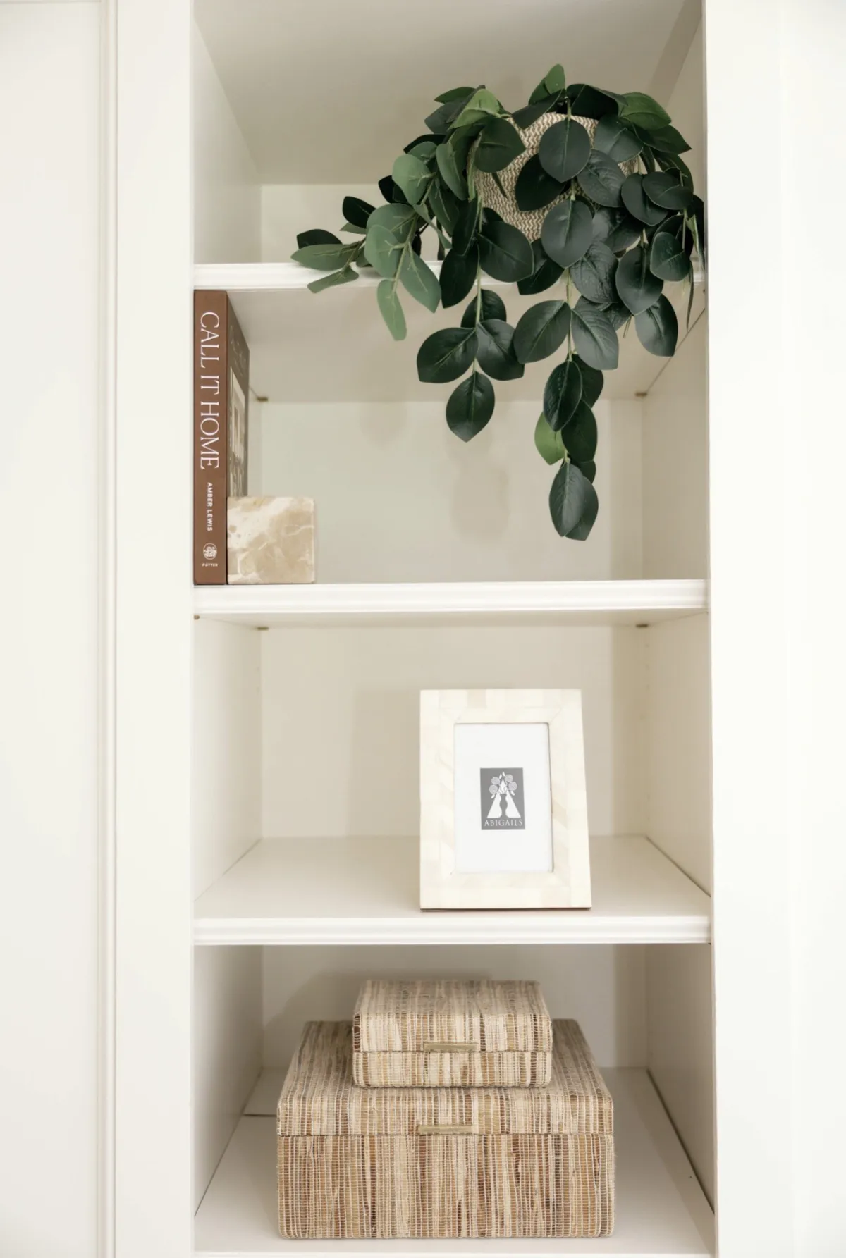 Trailing greenery, a design book, picture frame, and woven boxes on built-in shelves