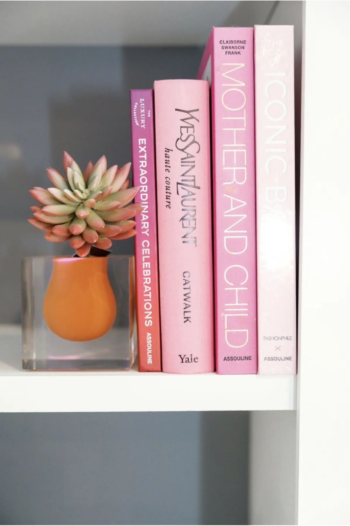 Pink fashion books and an orange vase with a succulent on a white built-in shelf