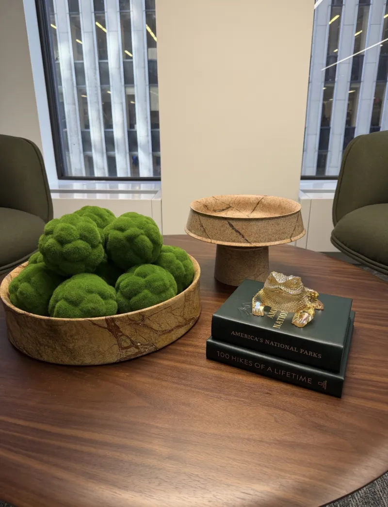 Moss bowl, turned wood pedestal and stacked books on a walnut table